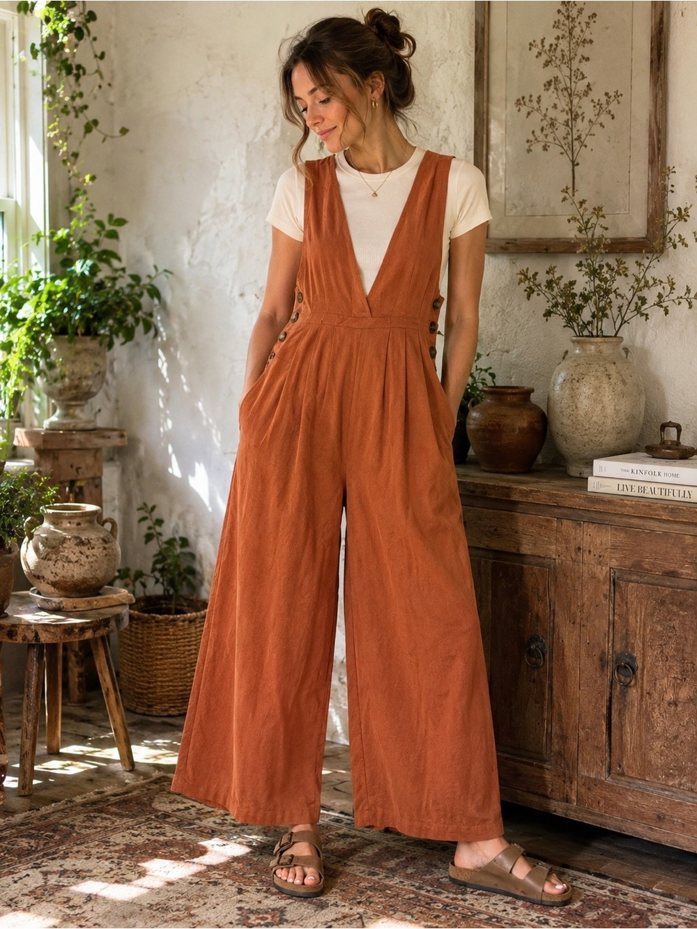 Wide Leg Boho Jumpsuit Overalls Romper Size Small Cotton Linen Blend